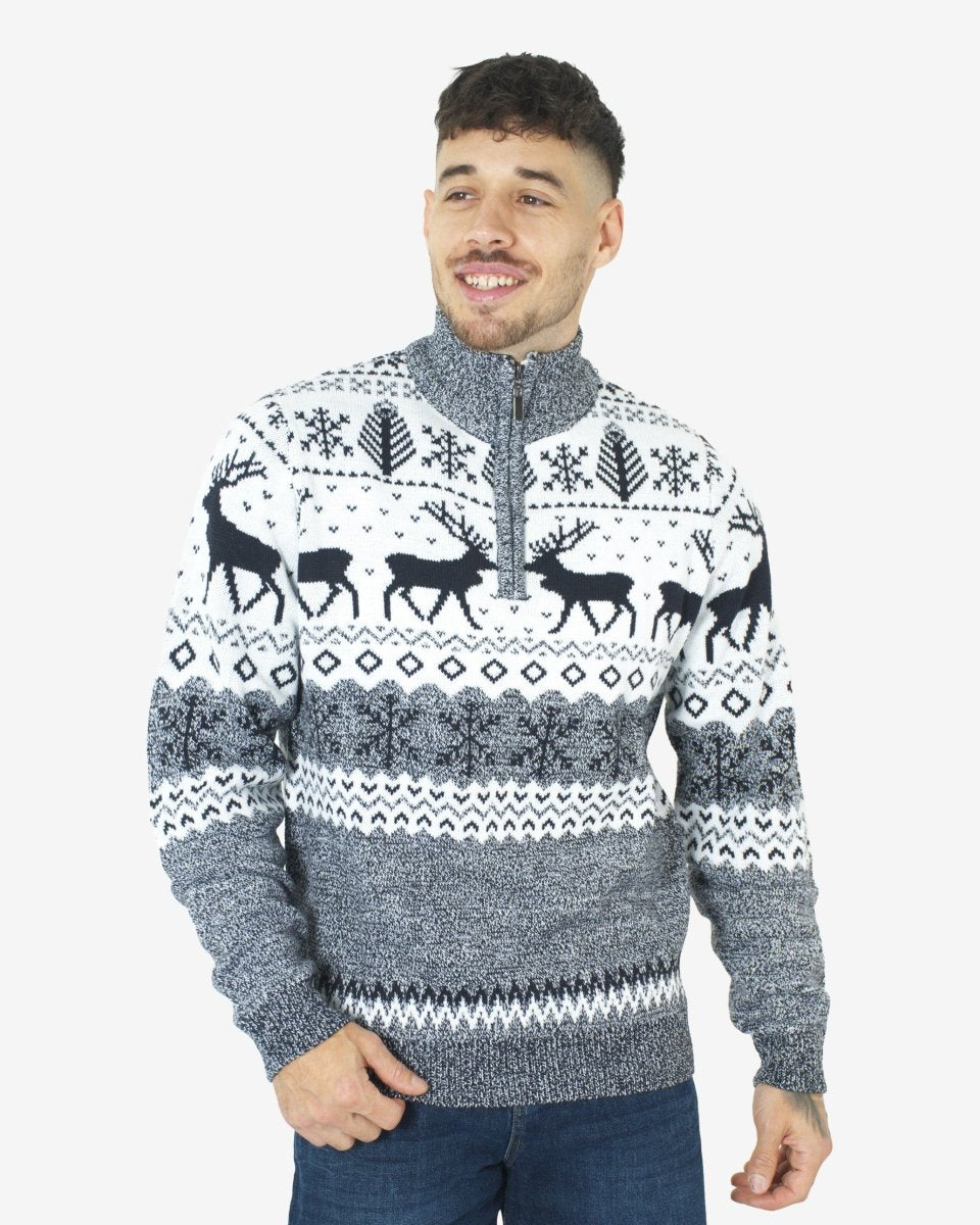 Mens Reindeer MockZip Cream Xmas Jumper