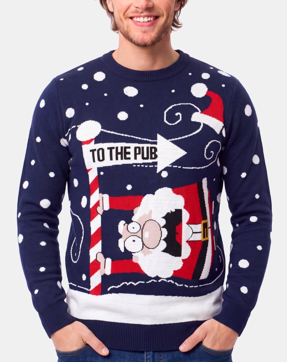 Mens Santa To The Pub Pullover Jumper | Navy Festive Christmas Knitwear – NOROZE