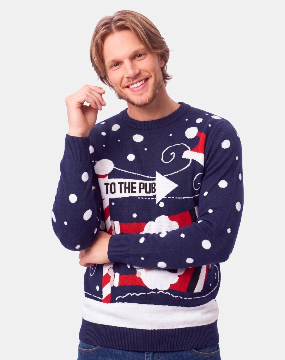 Mens Santa To The Pub Pullover Jumper | Navy Festive Christmas Knitwear – NOROZE