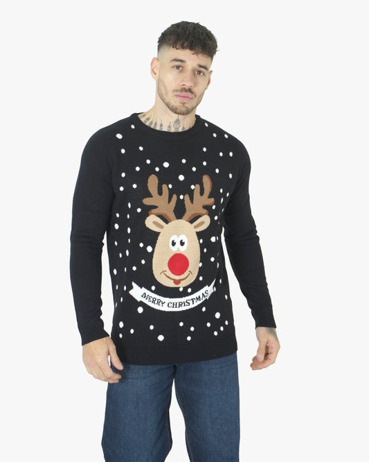 Merry Xmas Reindeer Black Festive Jumper