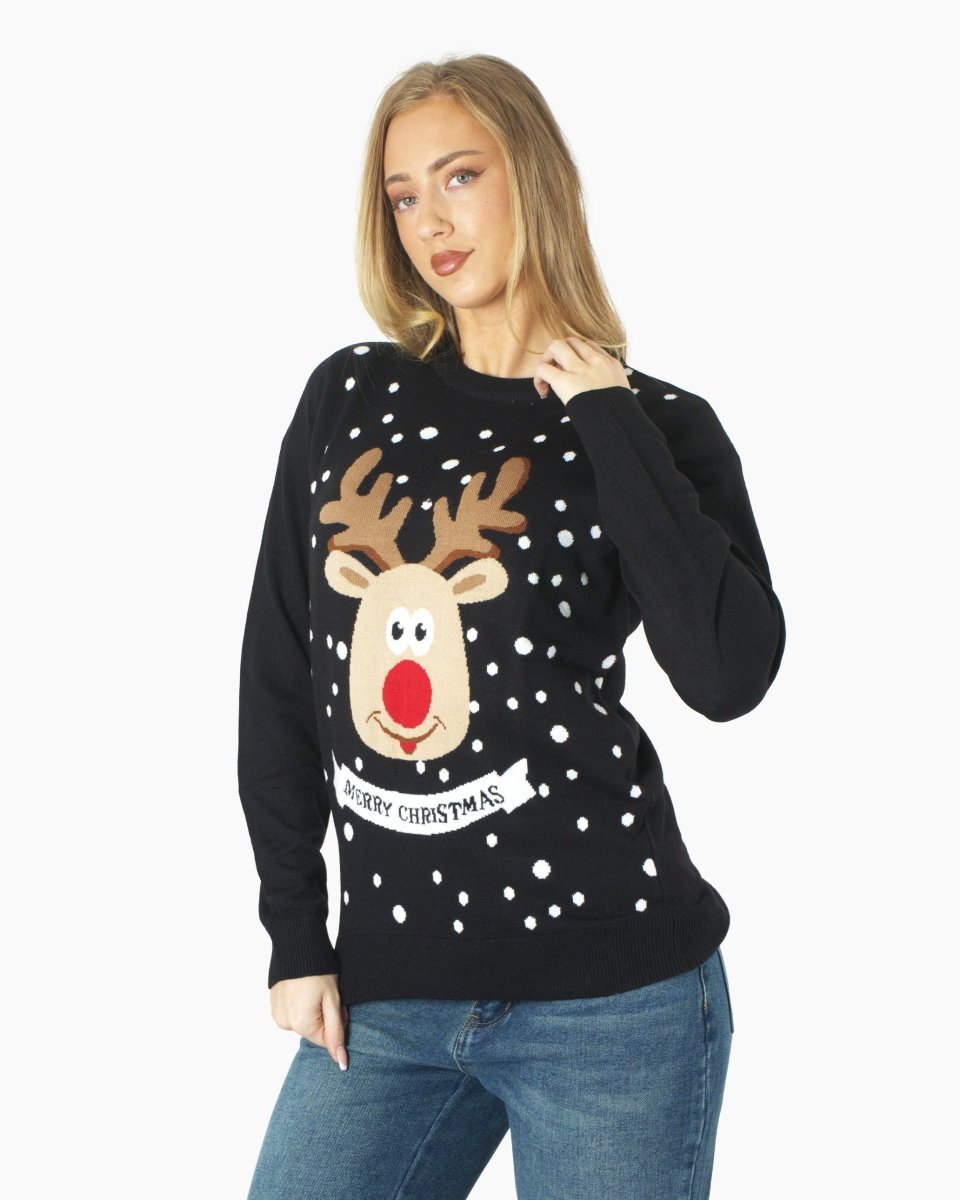 Merry Xmas Reindeer Black Festive Womens Jumper