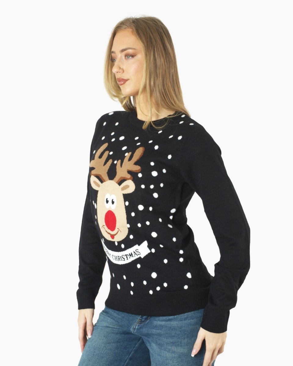 Merry Xmas Reindeer Black Festive Womens Jumper