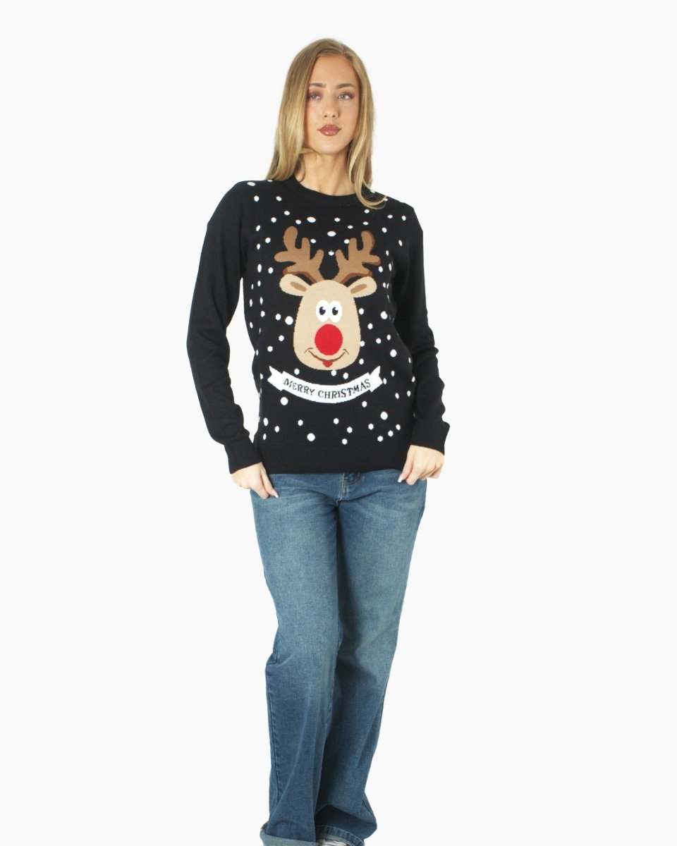 Merry Xmas Reindeer Black Festive Womens Jumper