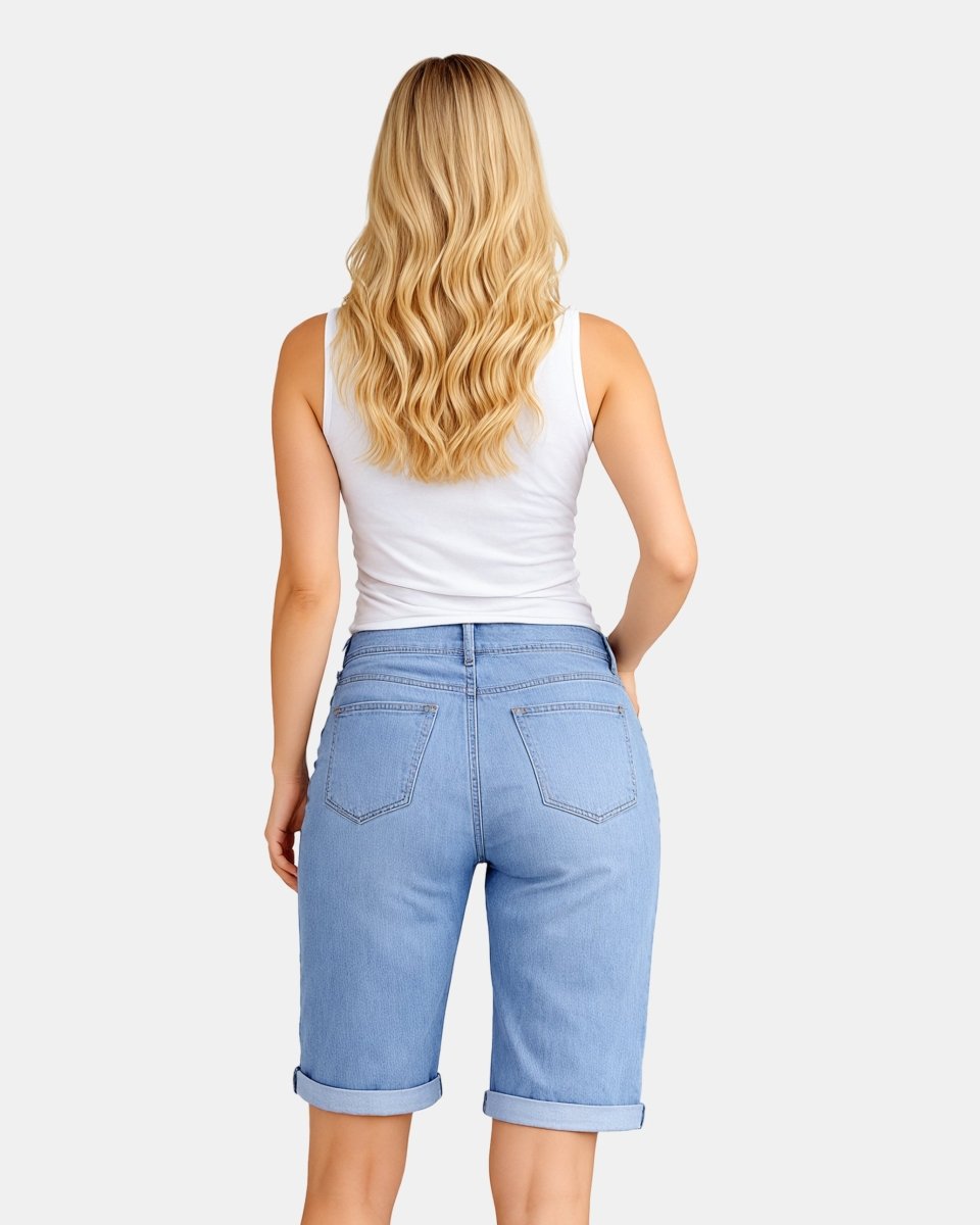 Mid Blue Denim Stretchy Bermuda Shorts