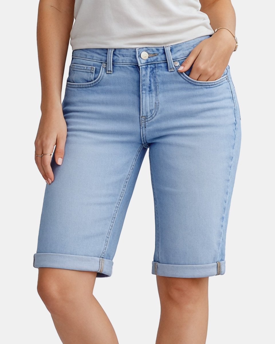 Mid Blue Denim Stretchy Bermuda Shorts
