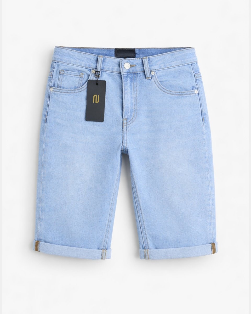 Mid Blue Denim Stretchy Bermuda Shorts