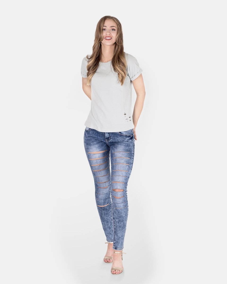 Mint Ripped Holes Rounded Neck T-Shirt