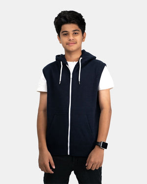 Navy Kid's Sleeveless Casual Hoodie