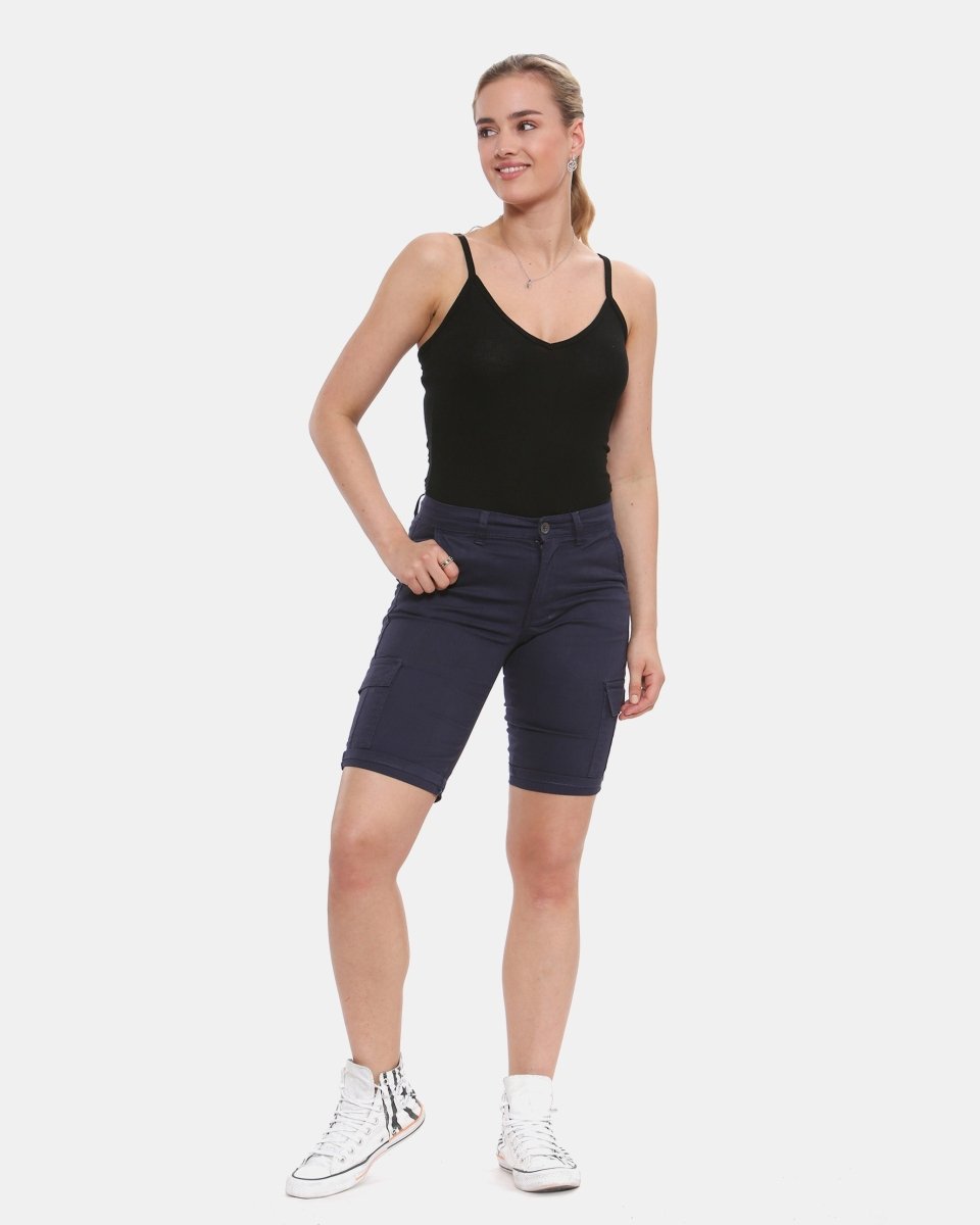 Navy Turned Hem Bengaline Casual Shorts