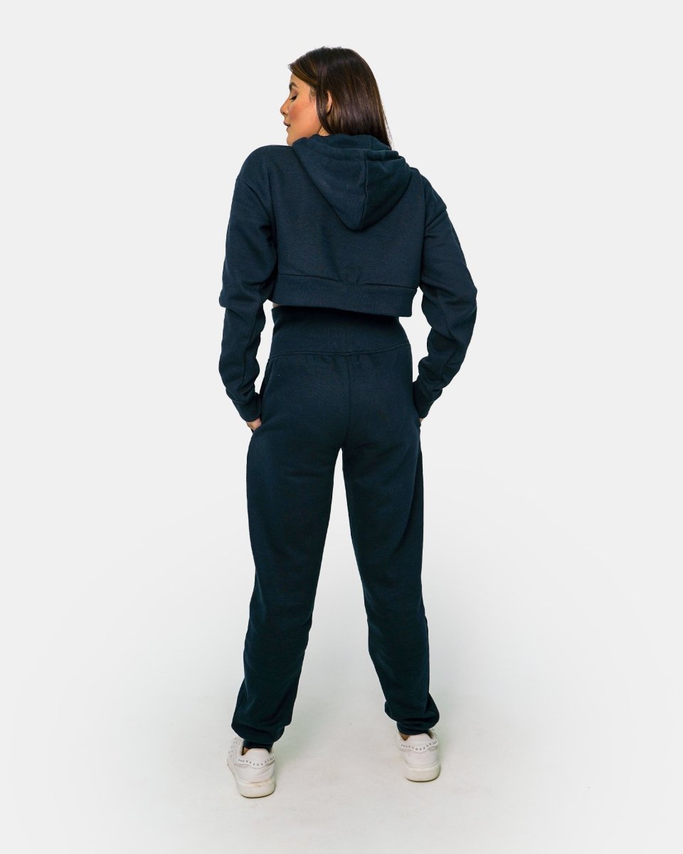 Navy Womens Ribbed Crop Hoodie