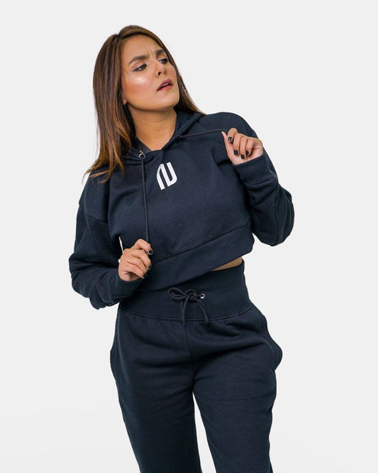Navy Womens Ribbed Crop Hoodie