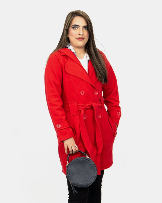 Red Belted Button Fleece Coat