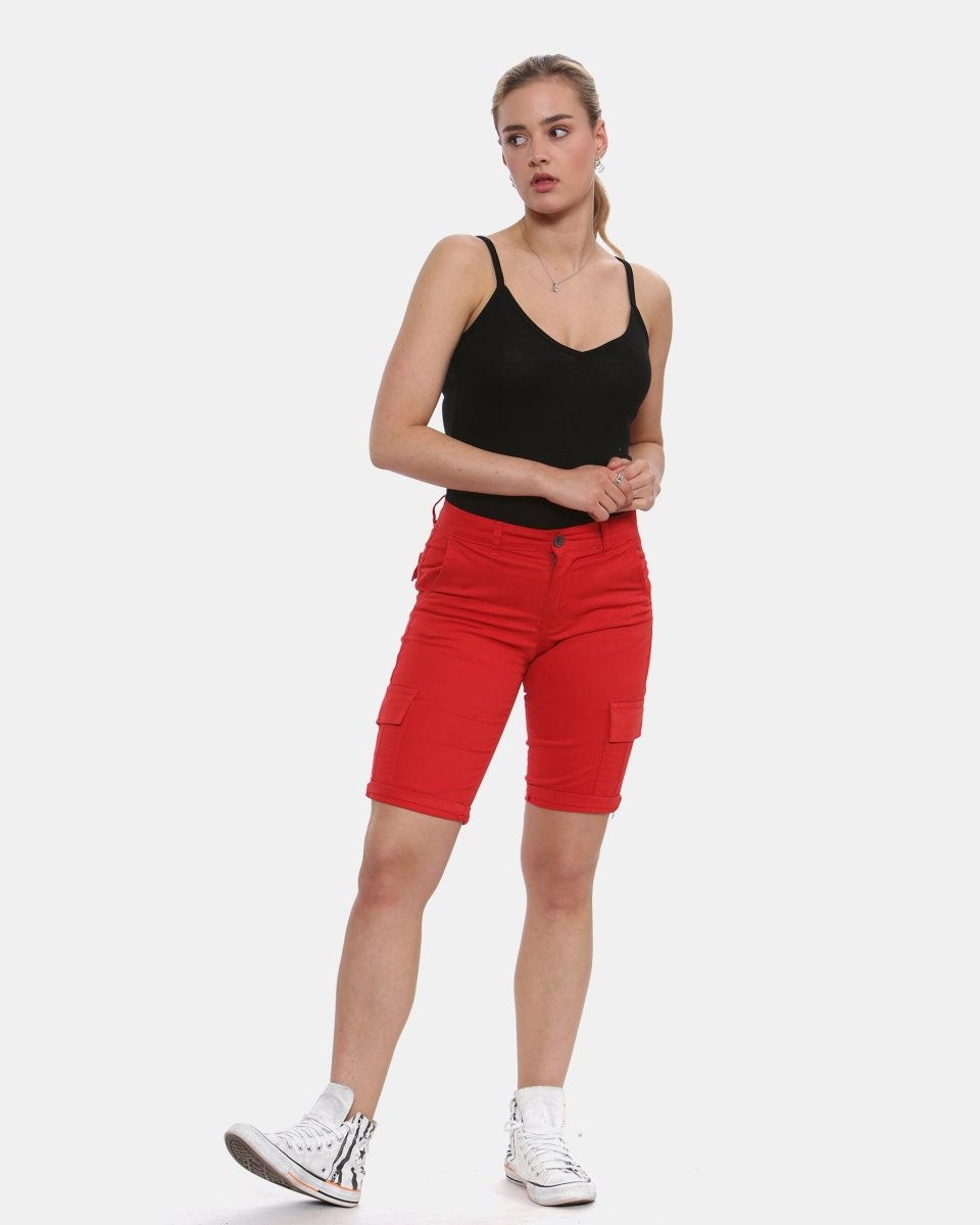 Red Turned Hem Bengaline Casual Shorts