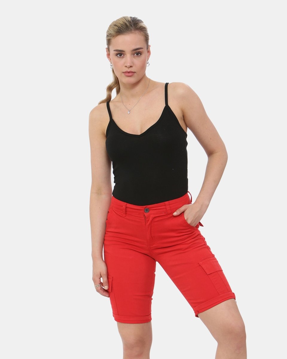 Red Turned Hem Bengaline Casual Shorts