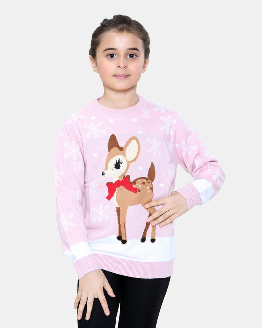 Reindeer Pink Girls Christmas Jumper