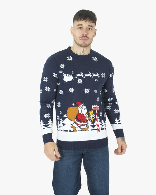 Santa to the Pub Navy Novelty Jumpers