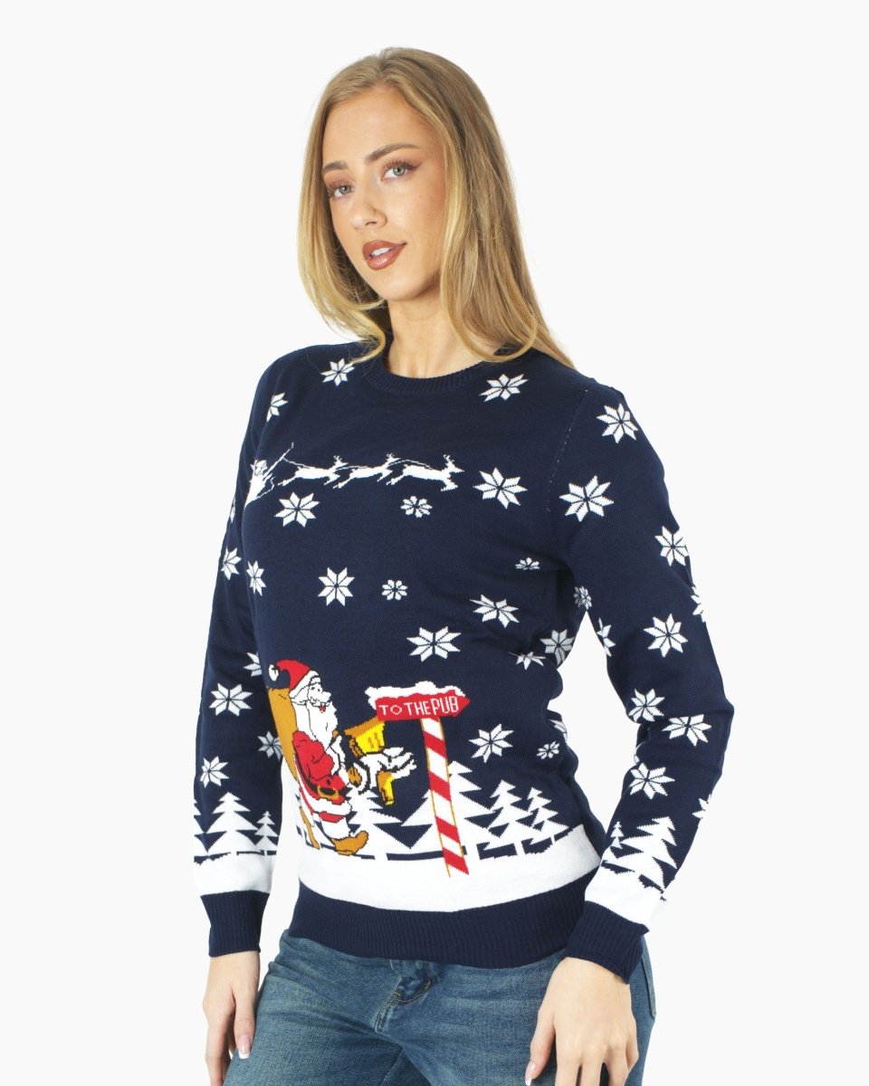 Santa to the Pub Navy Novelty Womens Jumpers