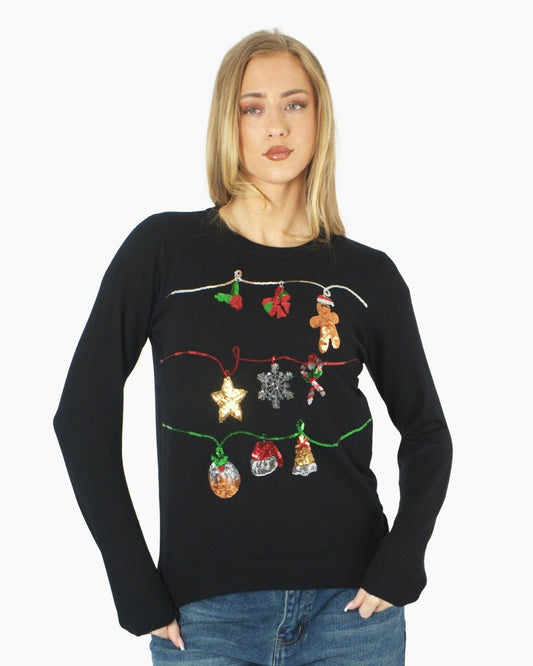 Women Black Bauble Bells Christmas Jumper
