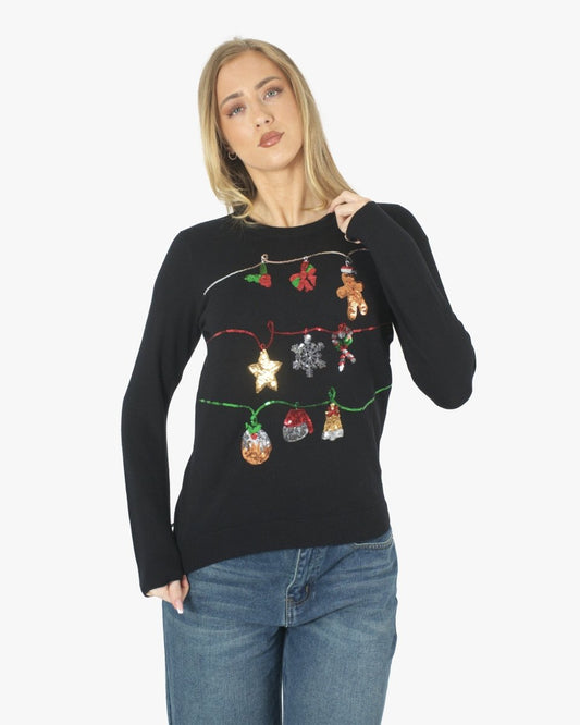 Women Black Bauble Bells Christmas Jumper