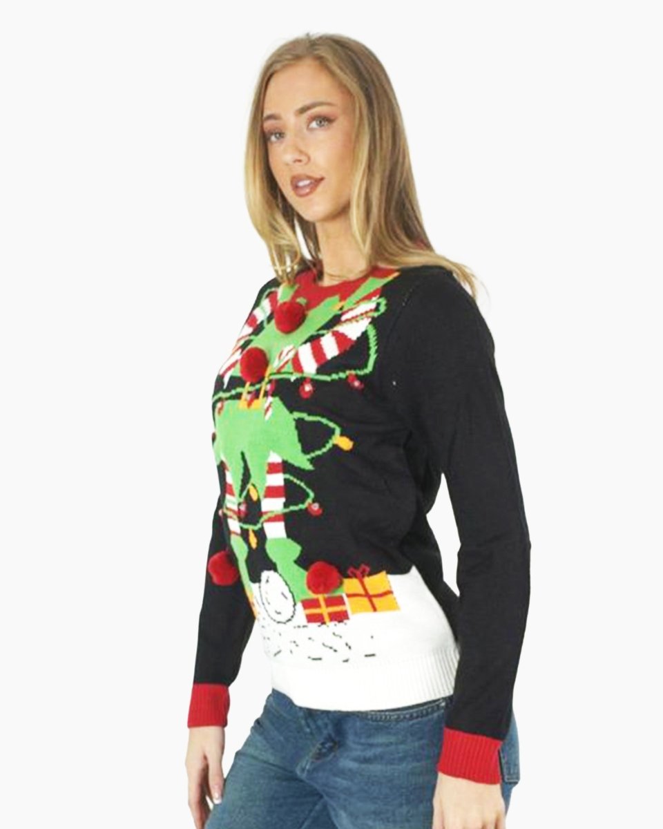 Women Elf Light Plug Black Christmas Jumper