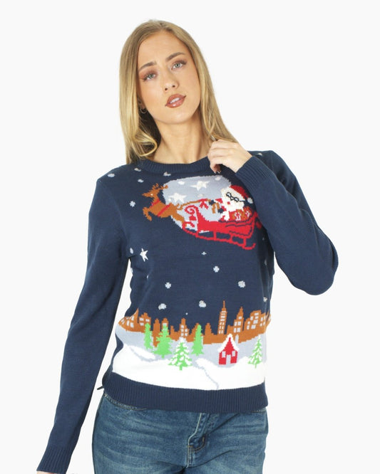 Women Flying Santa Sleigh Navy Christmas Jumper