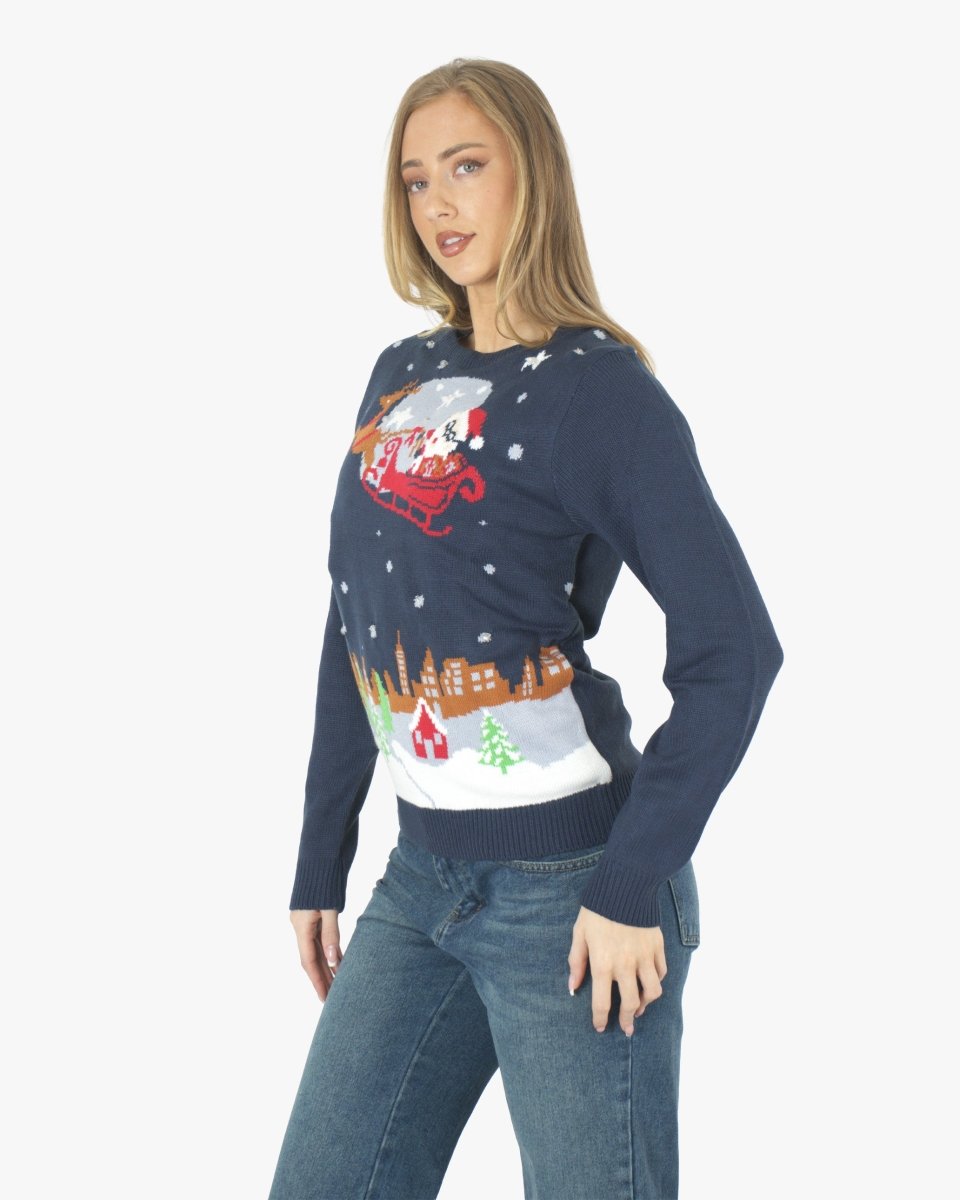 Women Flying Santa Sleigh Navy Christmas Jumper