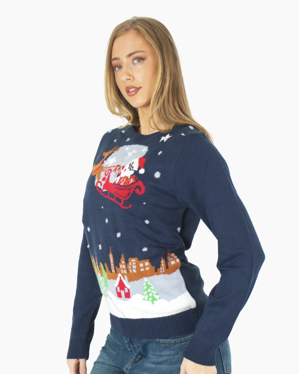Women Flying Santa Sleigh Navy Christmas Jumper