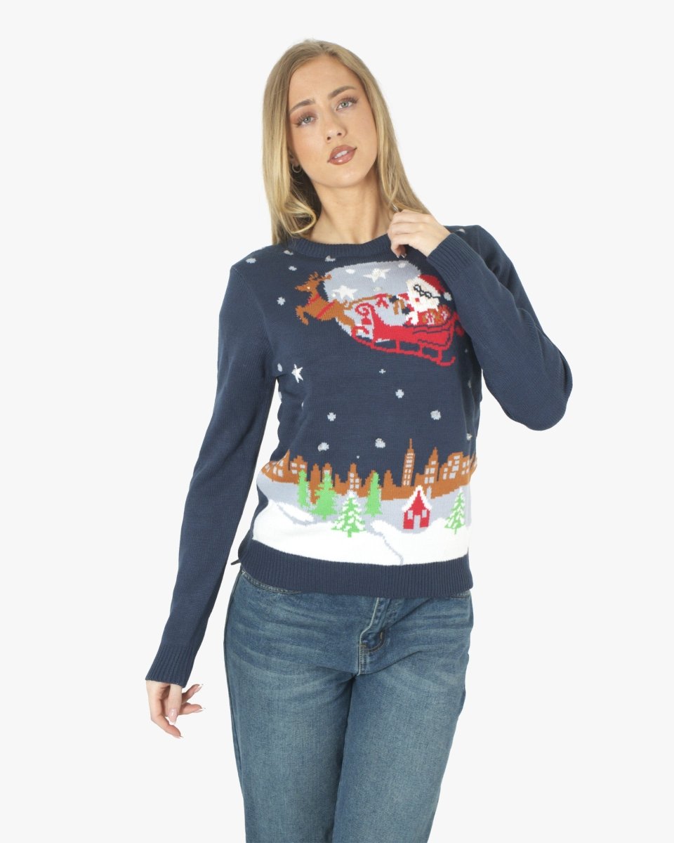 Women Flying Santa Sleigh Navy Christmas Jumper