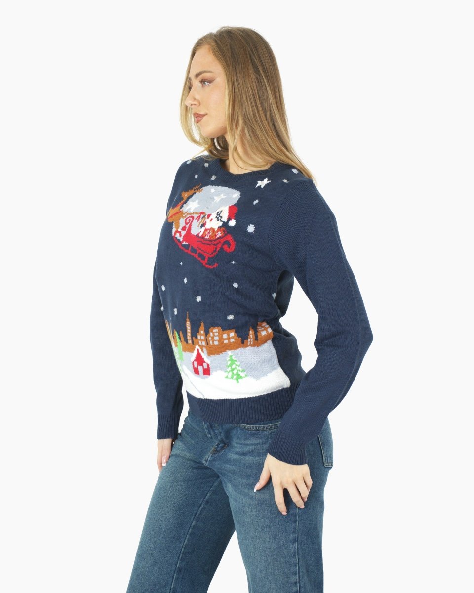 Women Flying Santa Sleigh Navy Christmas Jumper