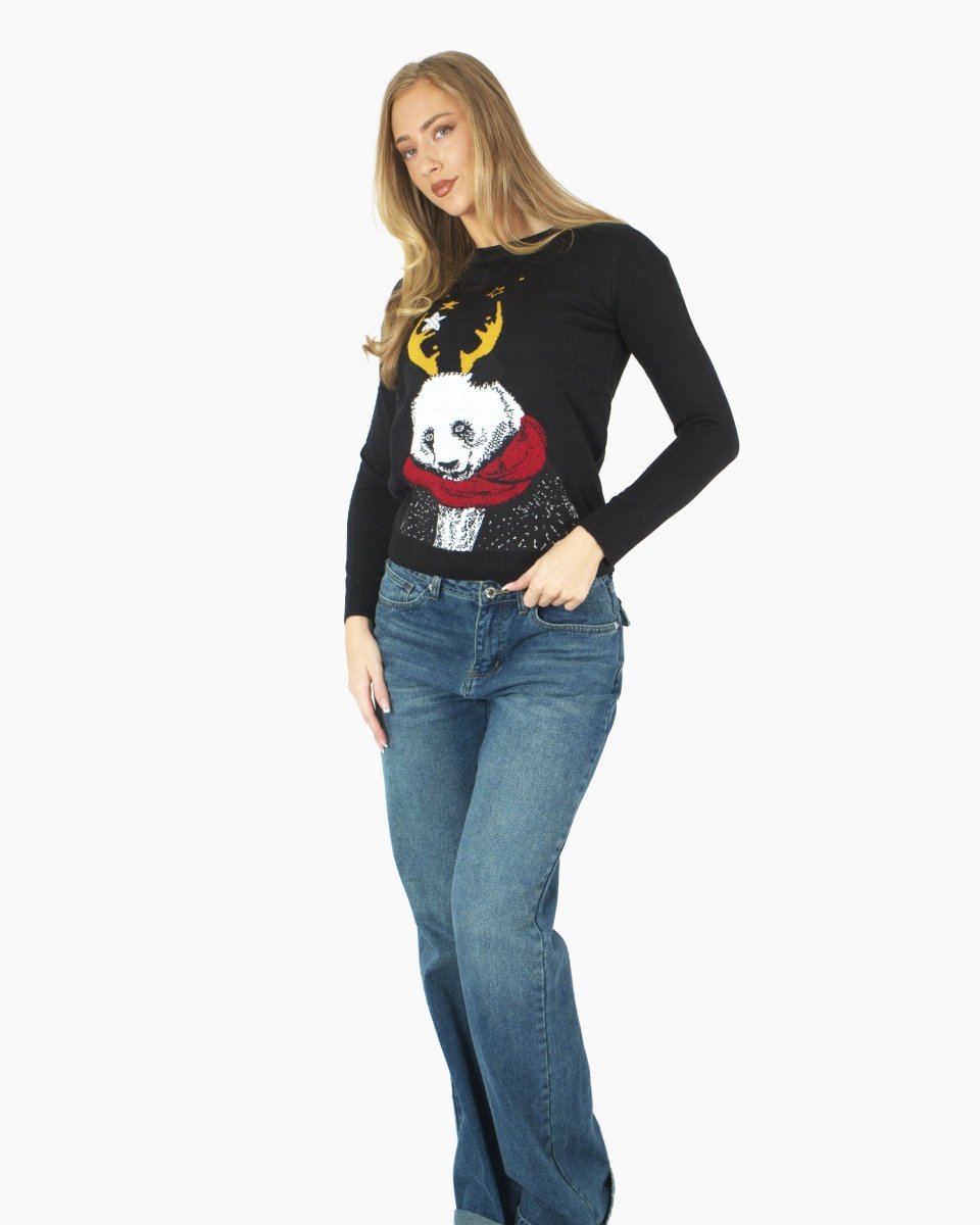 Women Panda Black Knitted Xmas Jumper