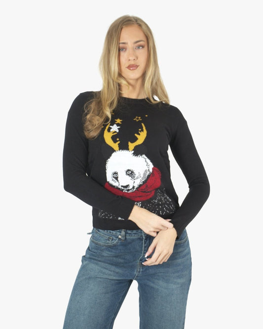 Women Panda Black Knitted Xmas Jumper