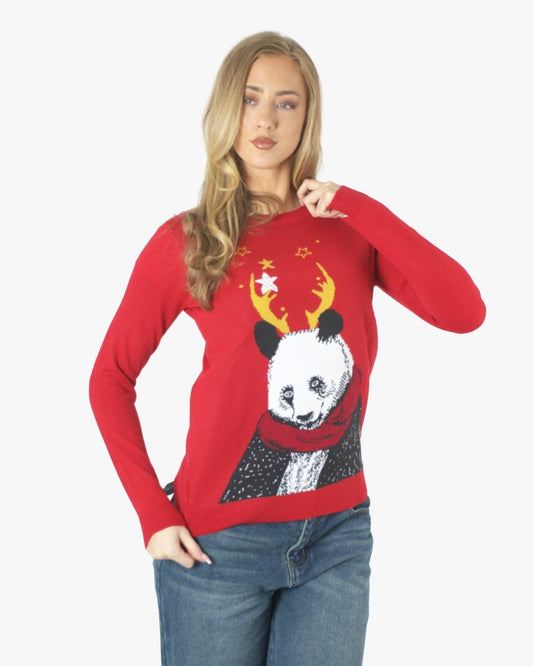 Women Panda Red Knitted Xmas Jumper