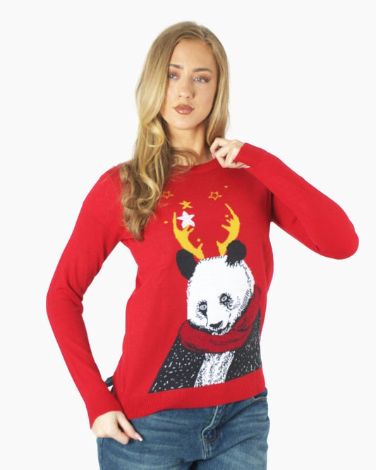 Women Panda Red Knitted Xmas Jumper