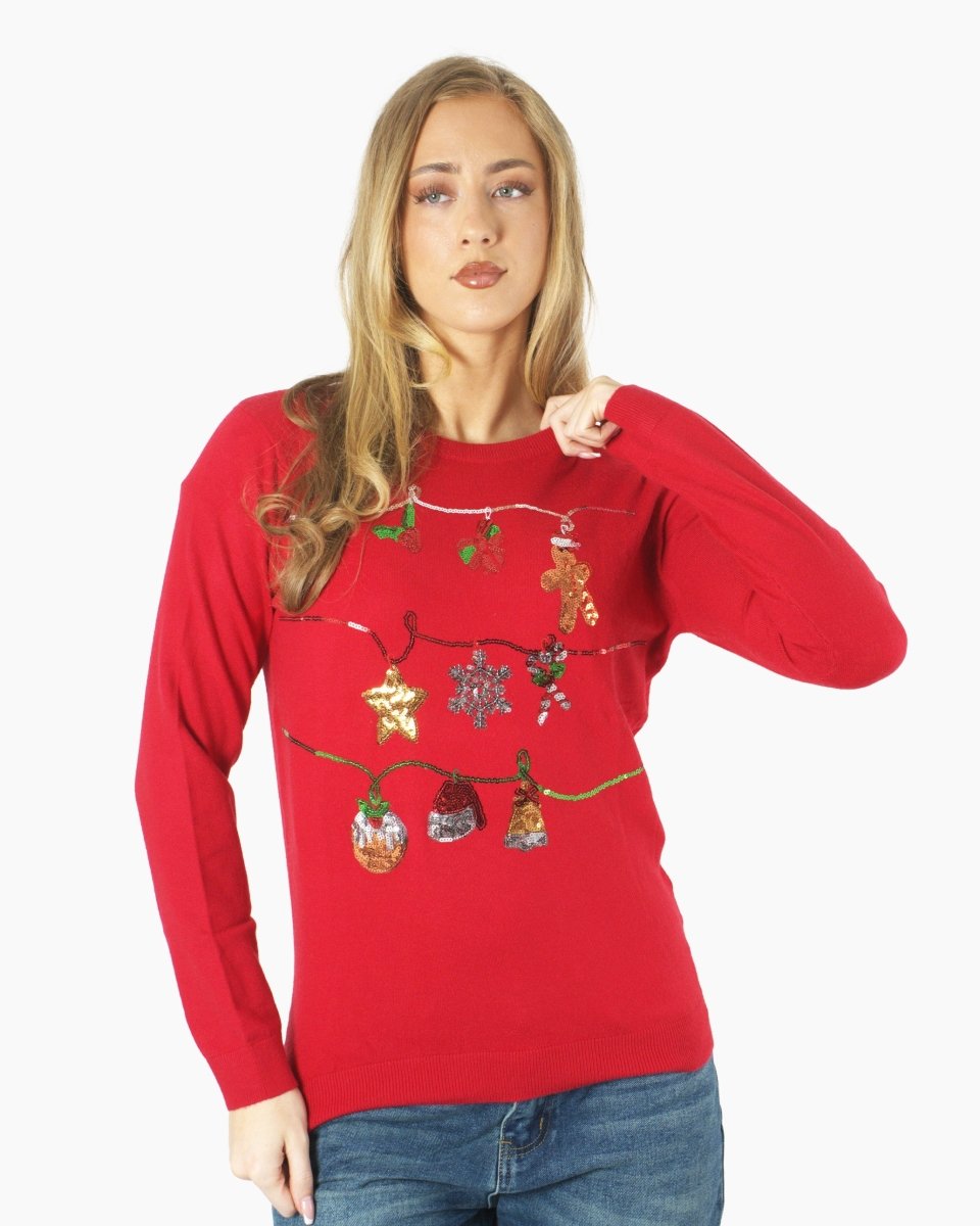 Women Red Bauble Bells Christmas Jumper