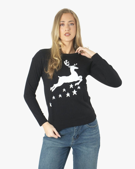 Women Reindeer Stars Black Jumper