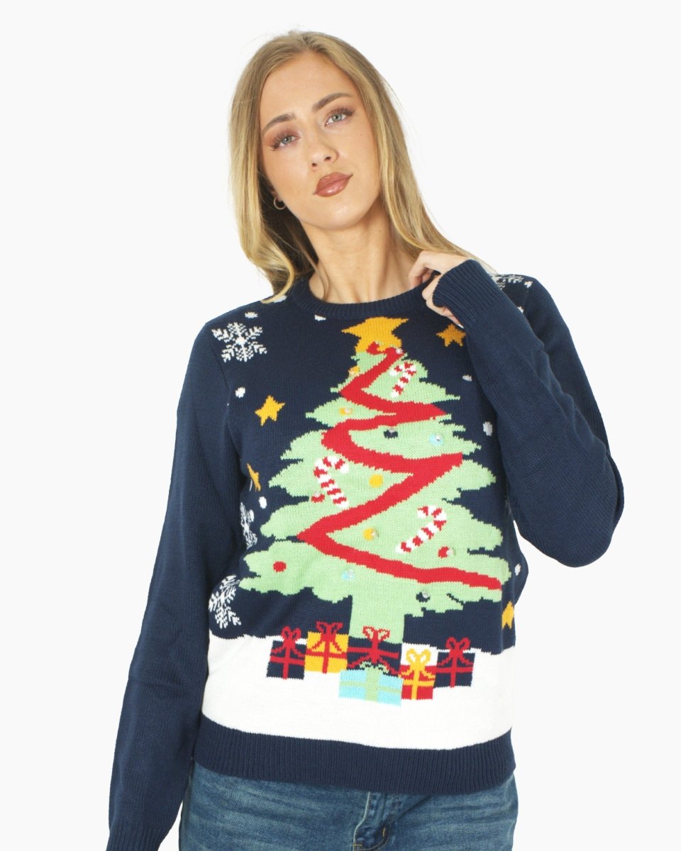 Women Xmas Tree Gift Navy Christmas Jumper