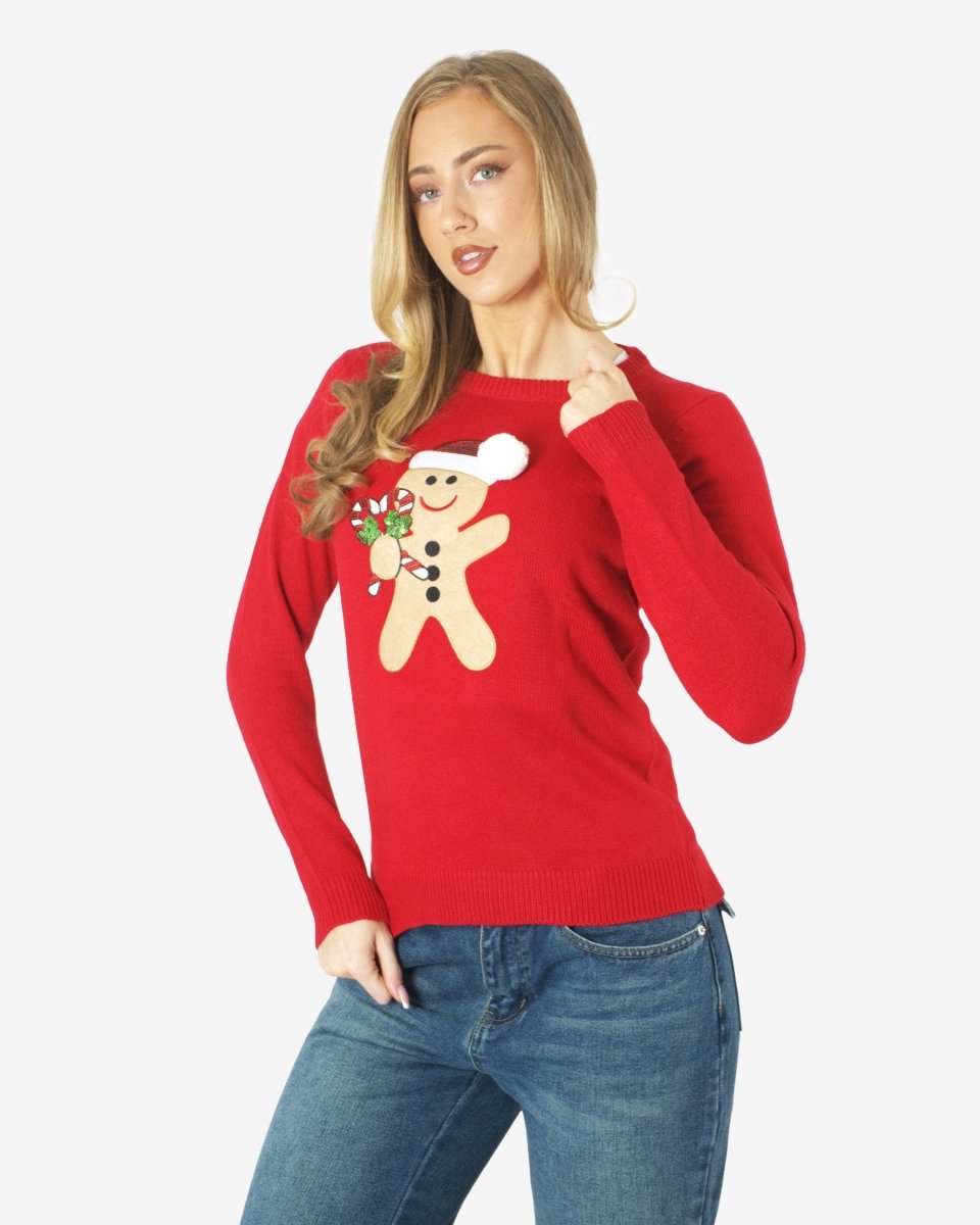 Womens Red Gingerbread Xmas Jumper